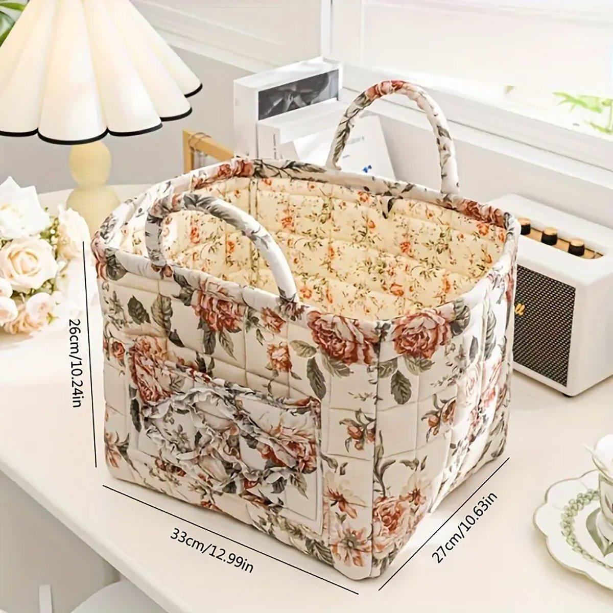 Clothing & Wardrobe Storage: Portable Fabric Storage Basket Korean Pastoral Style Organizer for Home Sundries - Floral5