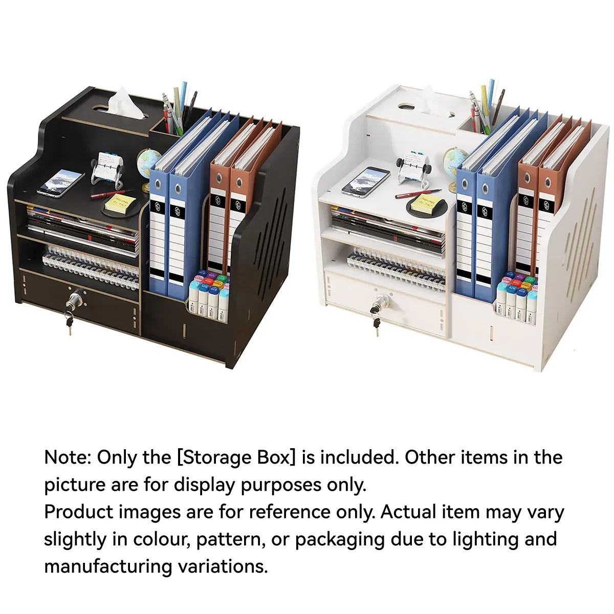 Wooden Desktop Storage Box with Locking Drawer Space Saving for Home Office Use - White