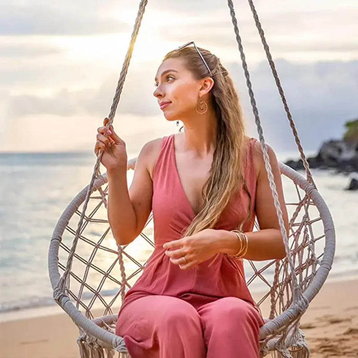 Beige Hanging Chair with Tassels and Two Rings - 1 Piece