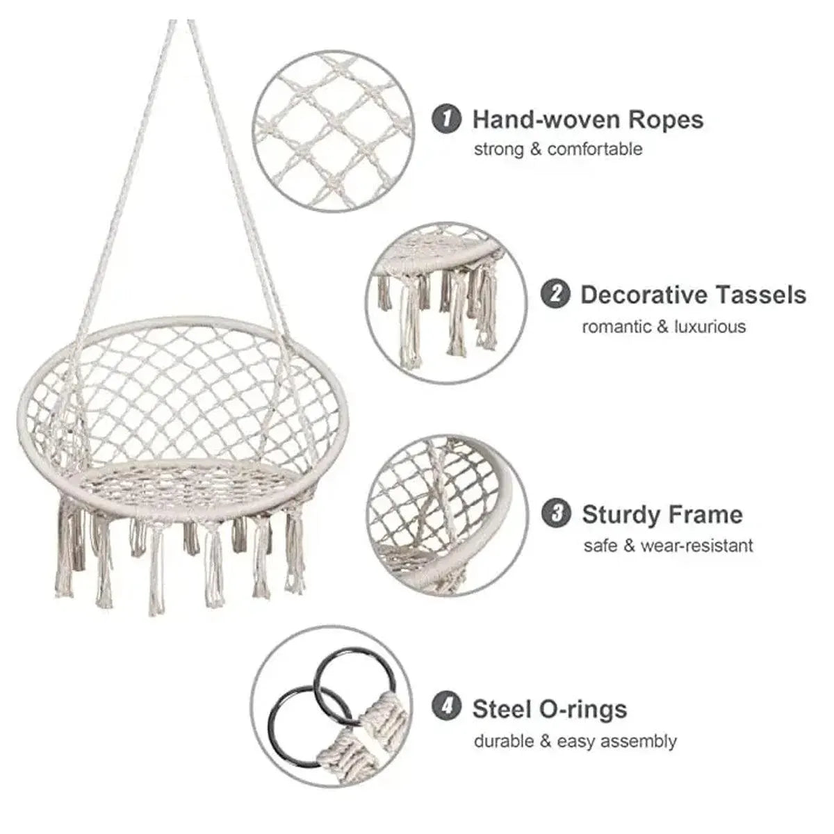 Beige Hanging Chair with Tassels and Two Rings - 1 Piece
