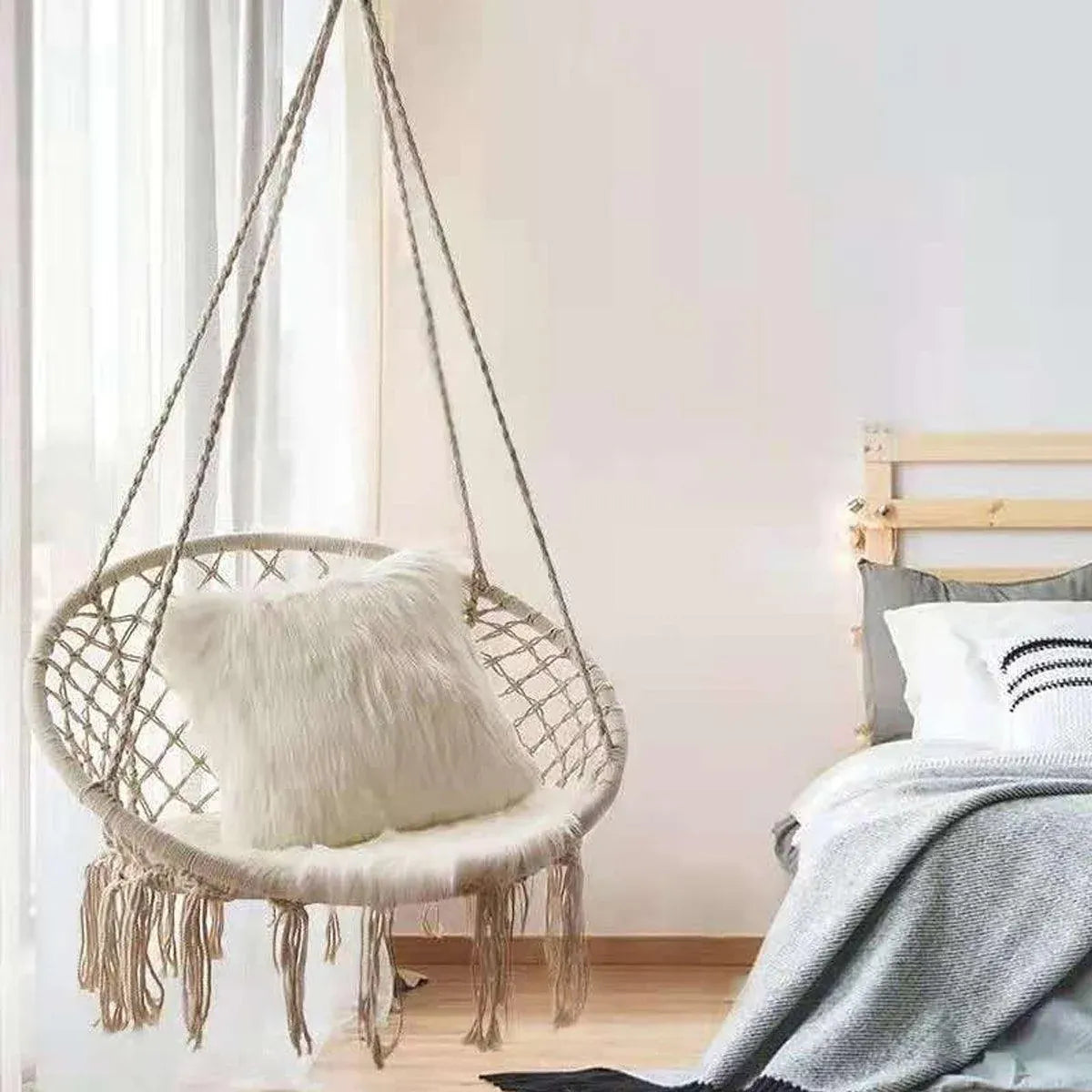 Beige Hanging Chair with Tassels and Two Rings - 1 Piece