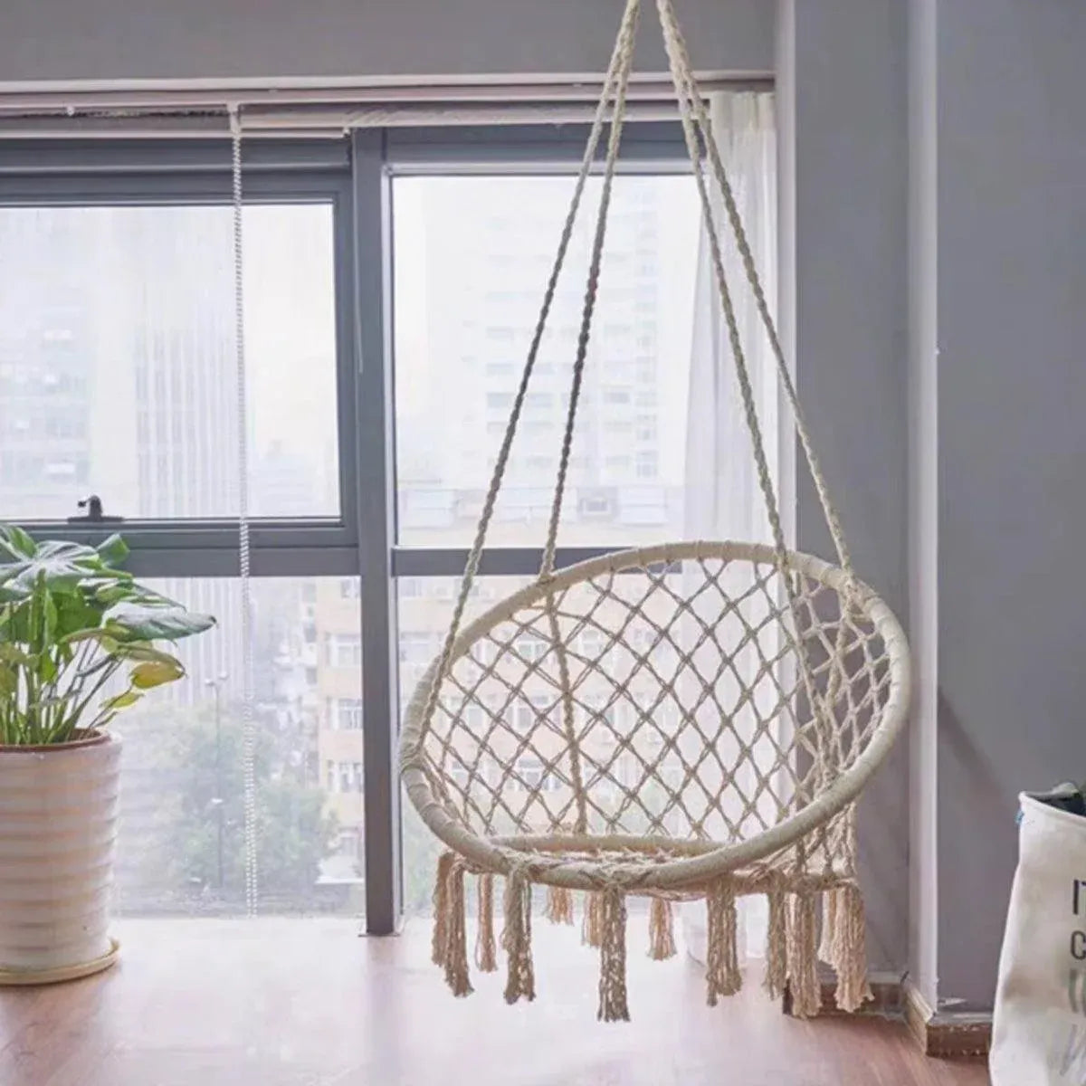 Beige Hanging Chair with Tassels and Two Rings - 1 Piece