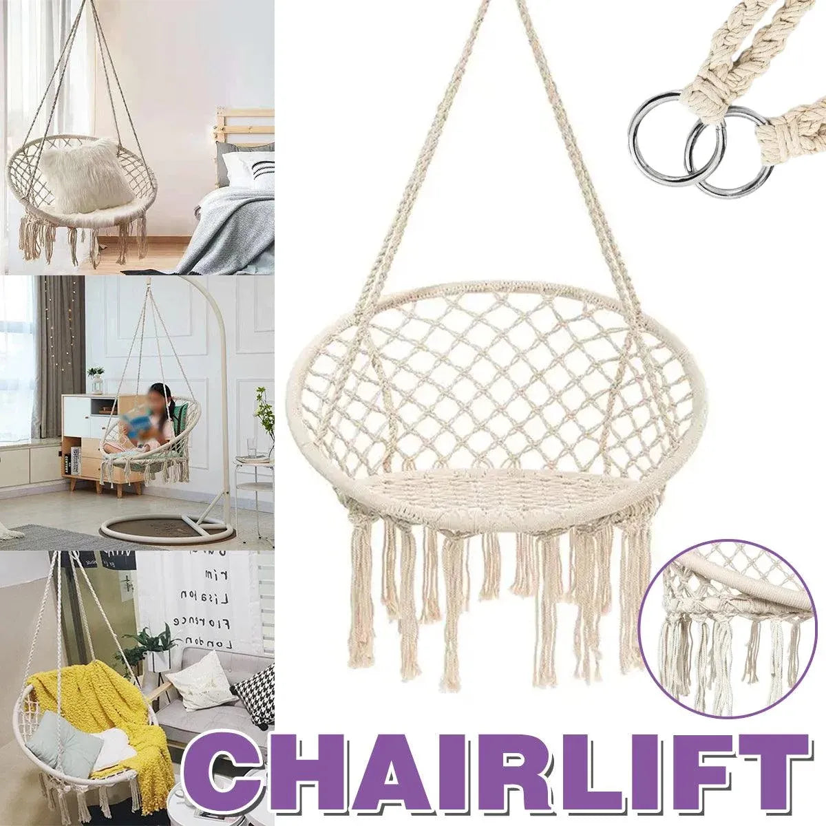 Beige Hanging Chair with Tassels and Two Rings - 1 Piece