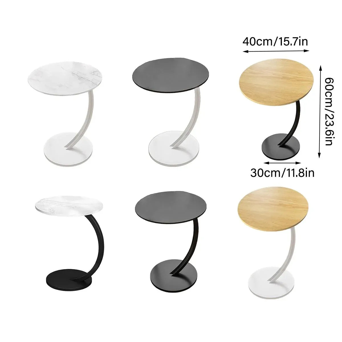 C Shaped Snack Side Table for Sofa Couch Small End Table for Living Room Bedroom - White-Black
