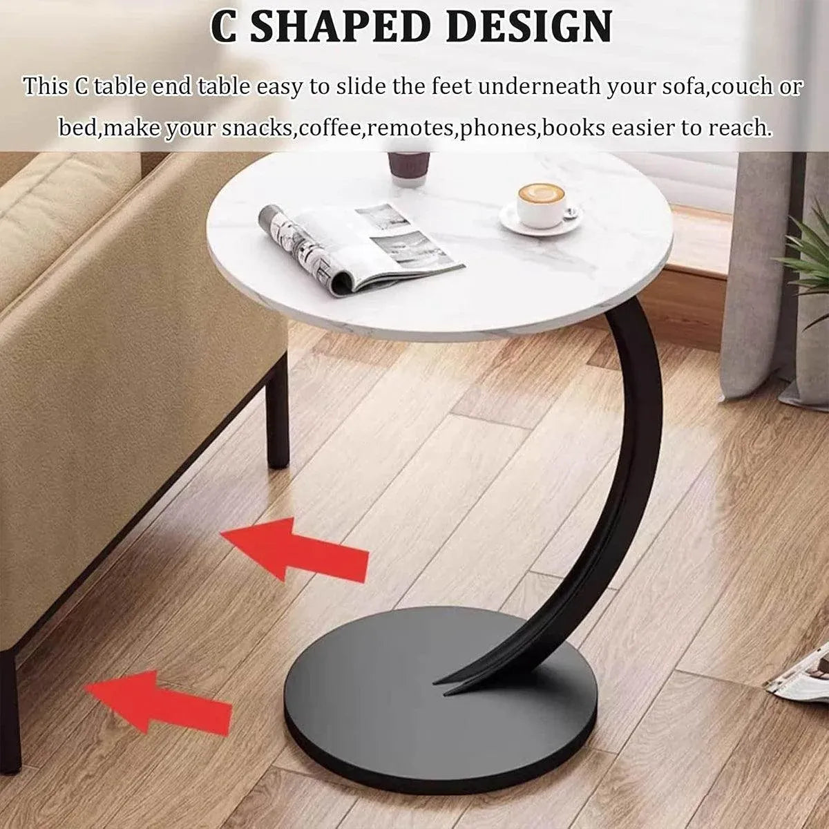 C Shaped Snack Side Table for Sofa Couch Small End Table for Living Room Bedroom - White-White