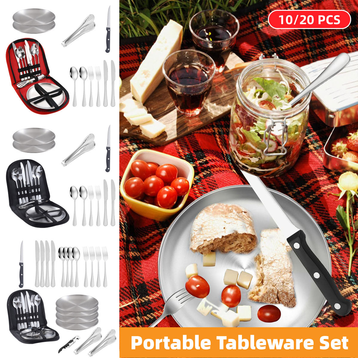 Cutlery: 10/20PCS Camping Cutlery Set Outdoor Picnic Utensils Plates Spoons Forks Knives - Red-2 People
