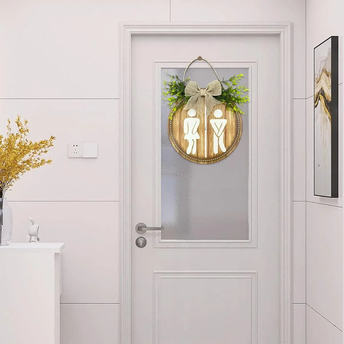 Round Restroom Door Sign with Bow and Greenery 23 x 23 cm - 1 Piece