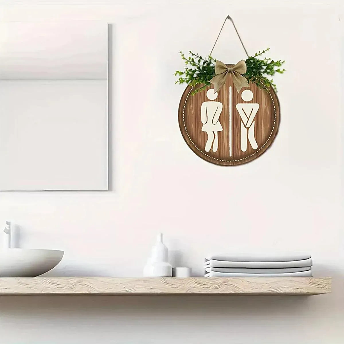 Round Restroom Door Sign with Bow and Greenery 23 x 23 cm - 1 Piece