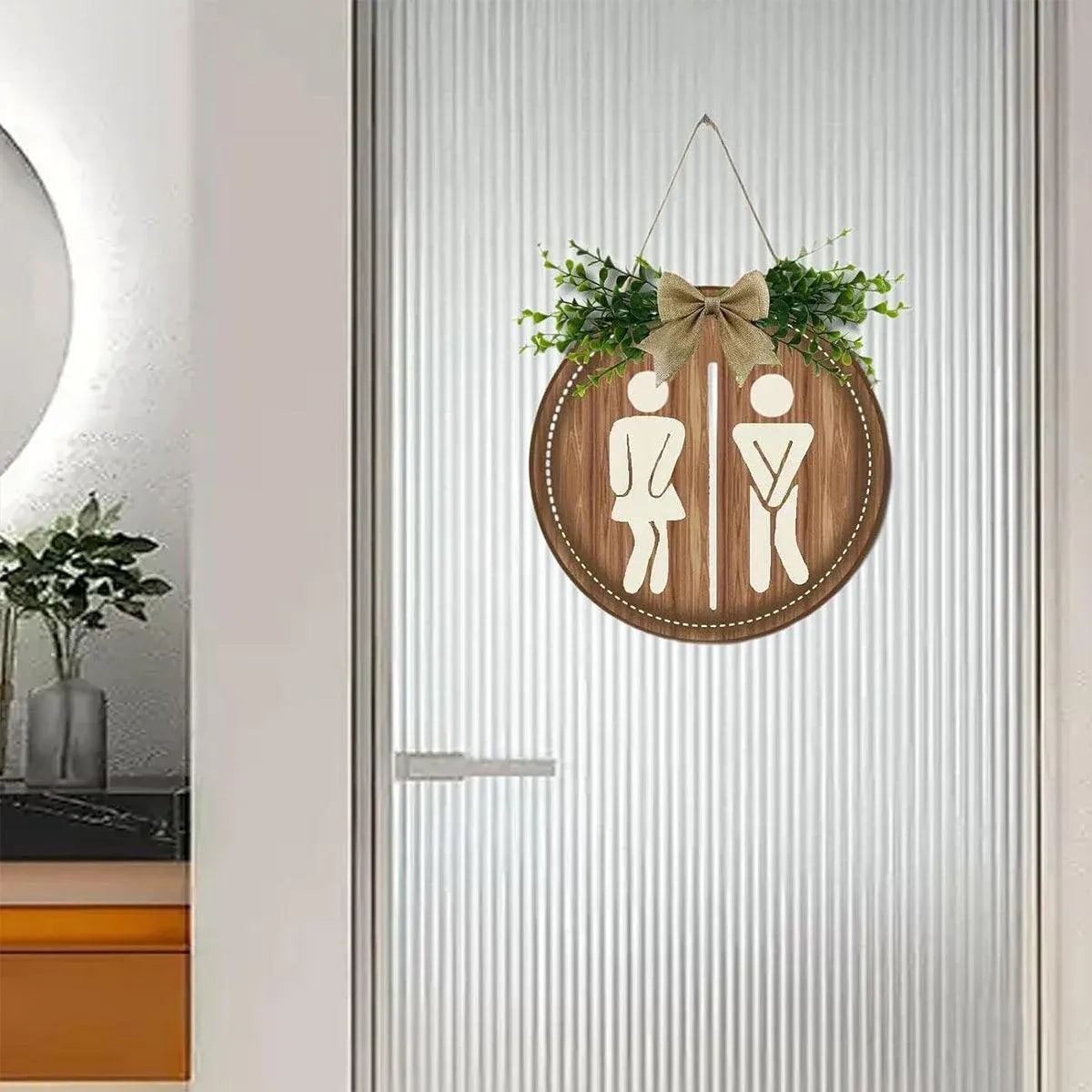 Round Restroom Door Sign with Bow and Greenery 23 x 23 cm - 1 Piece