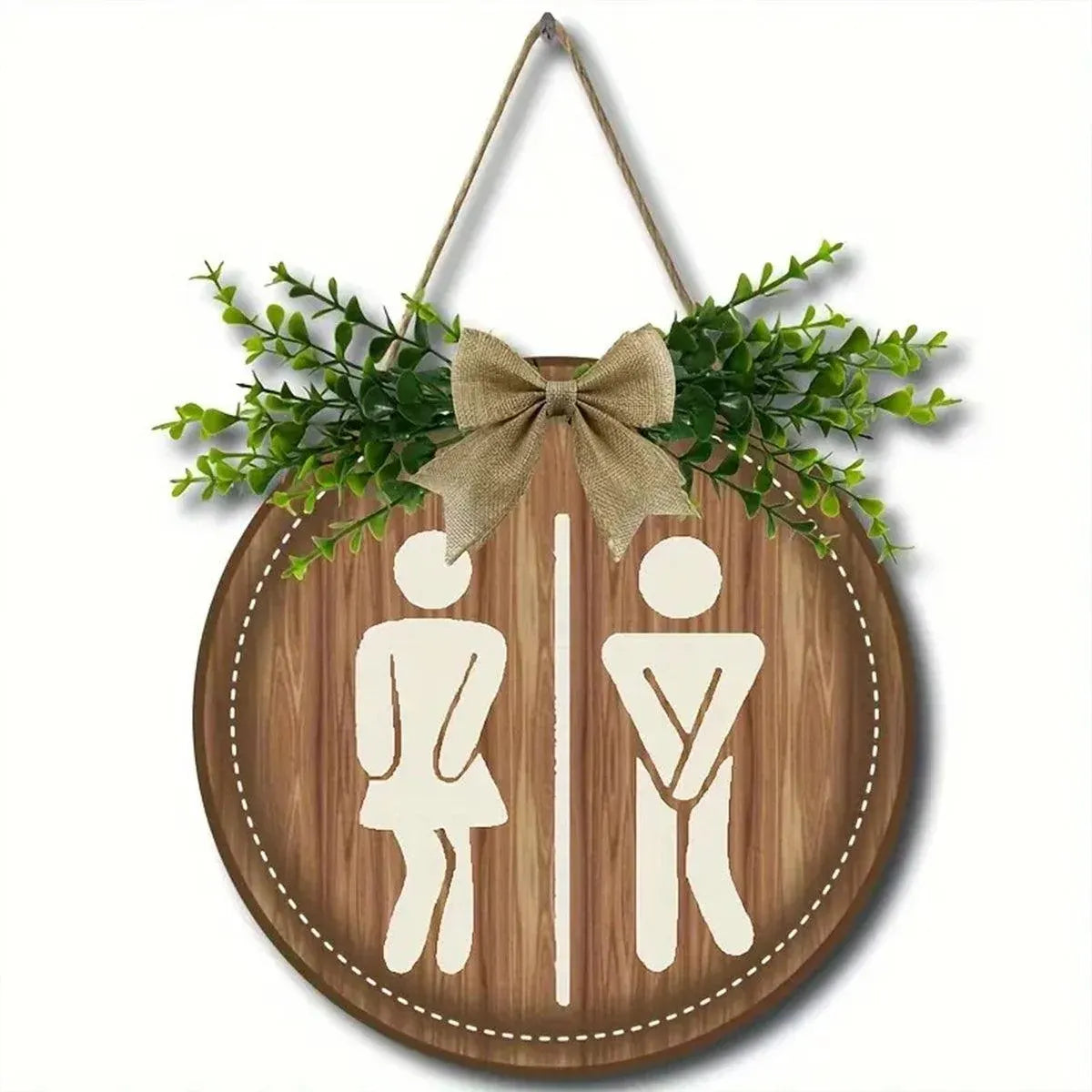 Round Restroom Door Sign with Bow and Greenery 23 x 23 cm - 1 Piece