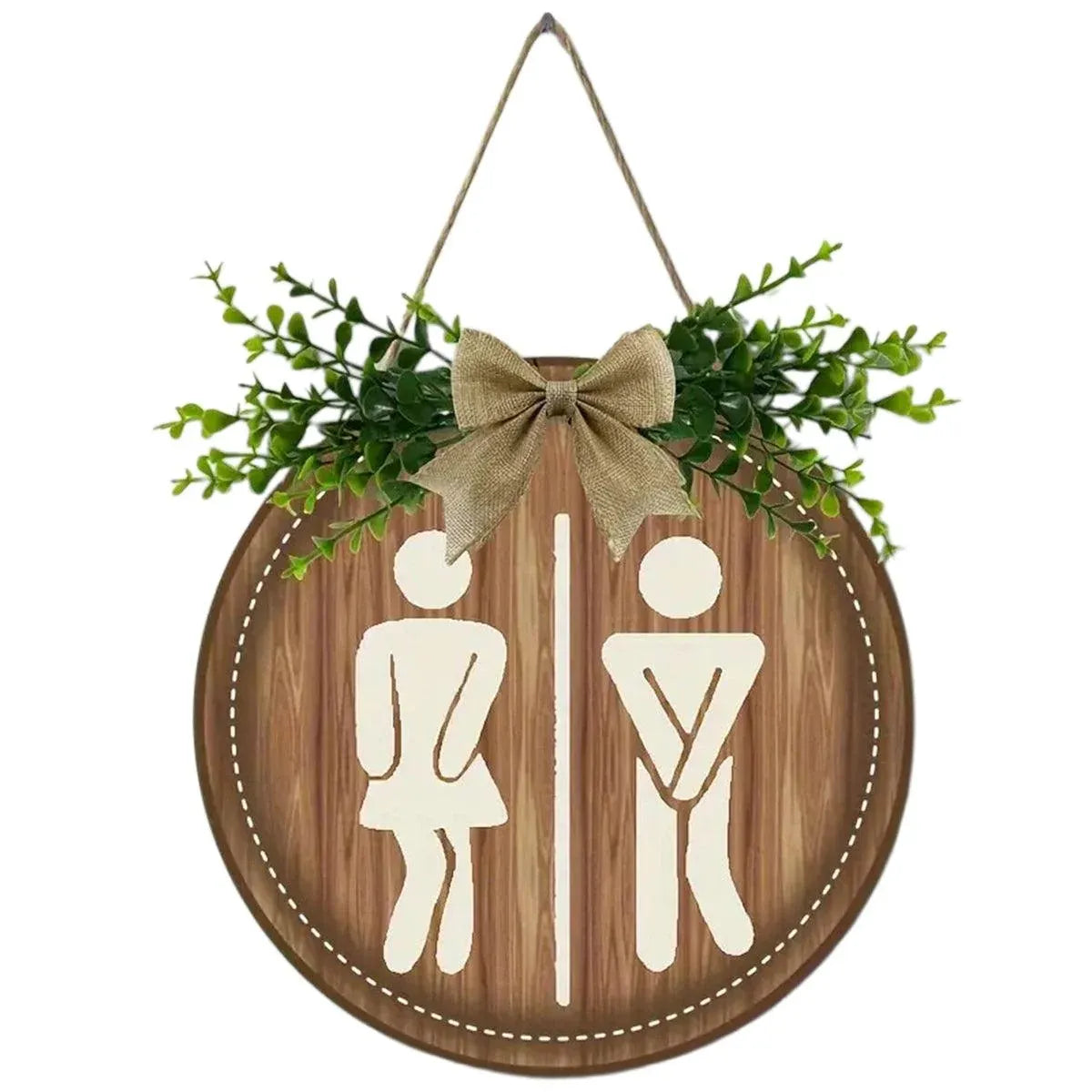 Round Restroom Door Sign with Bow and Greenery 23 x 23 cm - 1 Piece