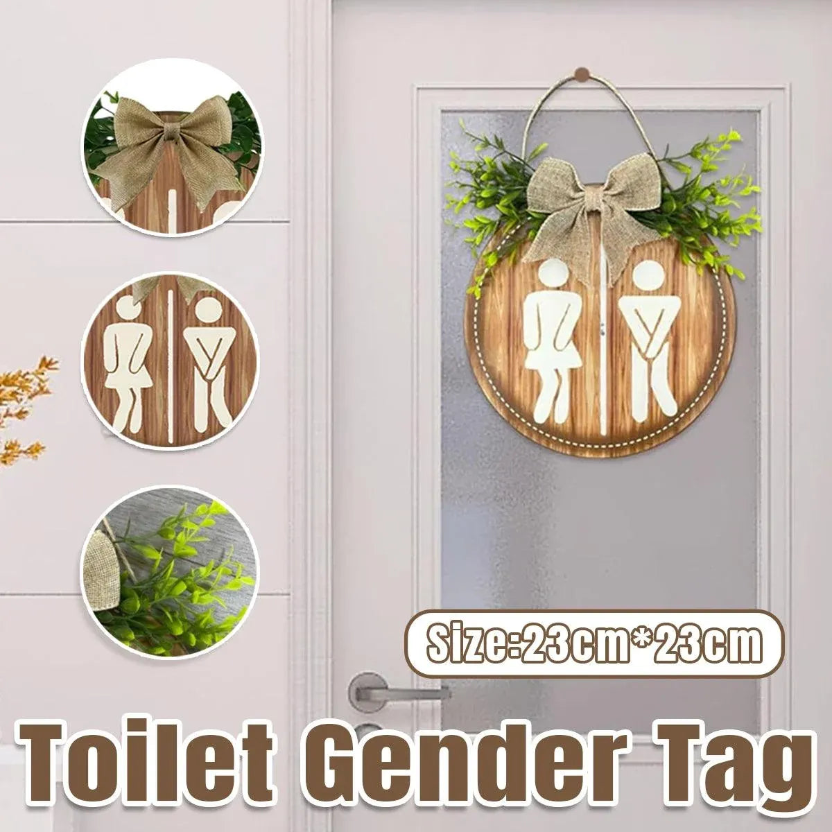 Round Restroom Door Sign with Bow and Greenery 23 x 23 cm - 1 Piece