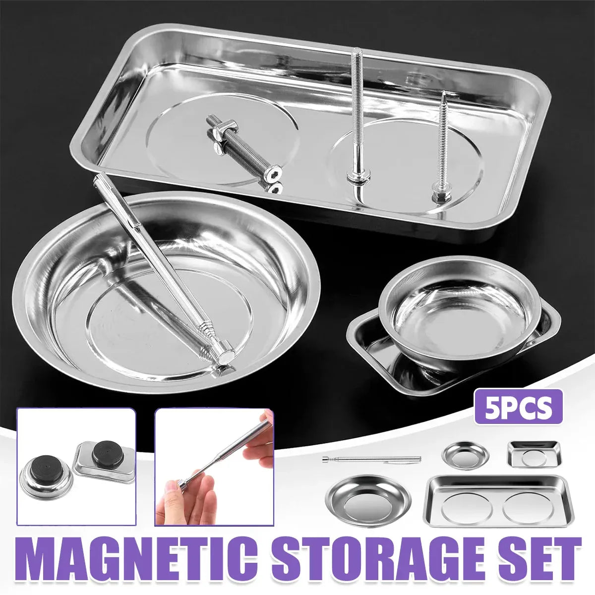5PCS Stainless Steel Tool Tray Storage Set with Strong Iron-Grip Sturdy for Garage Workshop