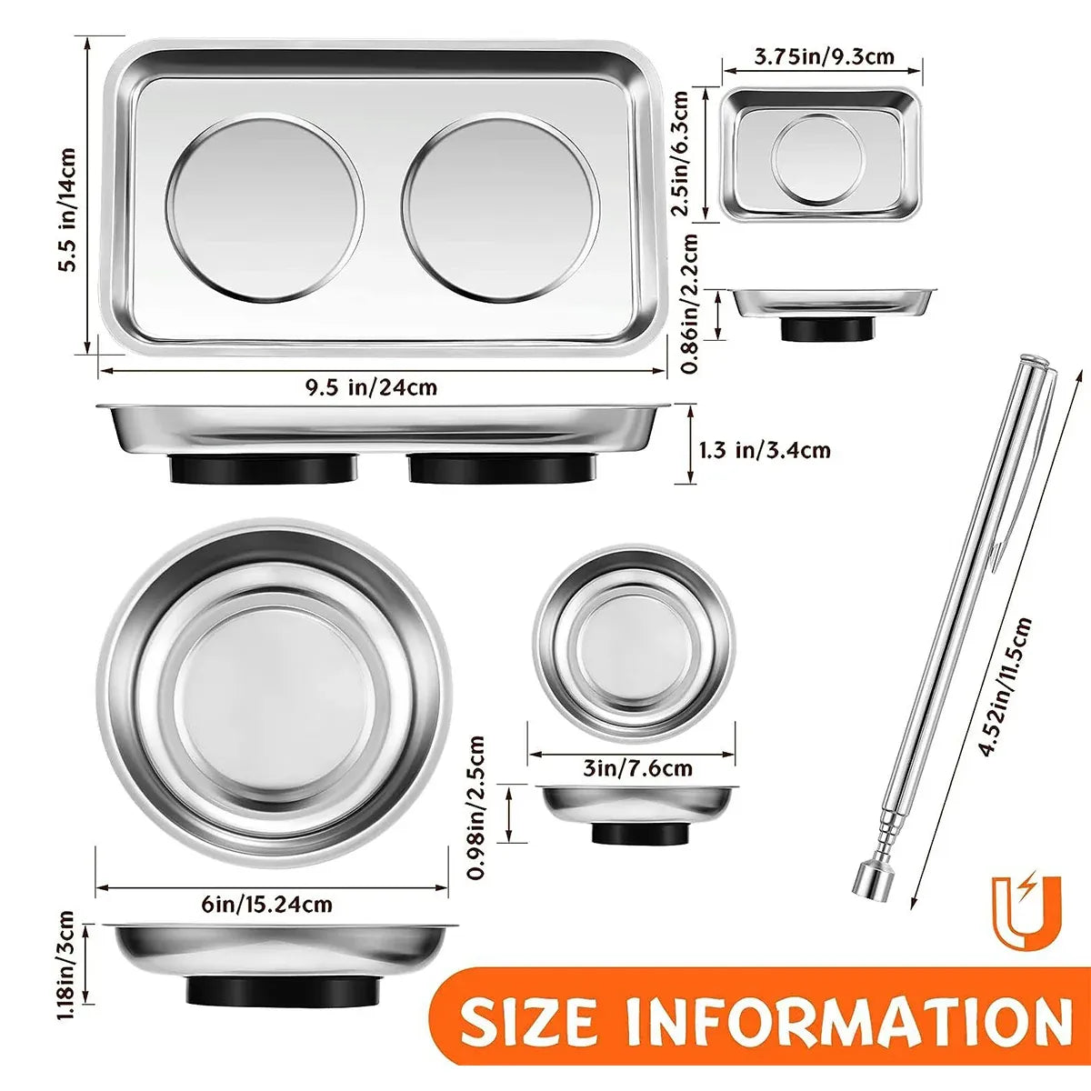 5PCS Stainless Steel Tool Tray Storage Set with Strong Iron-Grip Sturdy for Garage Workshop