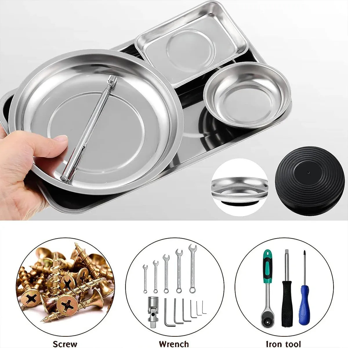 5PCS Stainless Steel Tool Tray Storage Set with Strong Iron-Grip Sturdy for Garage Workshop