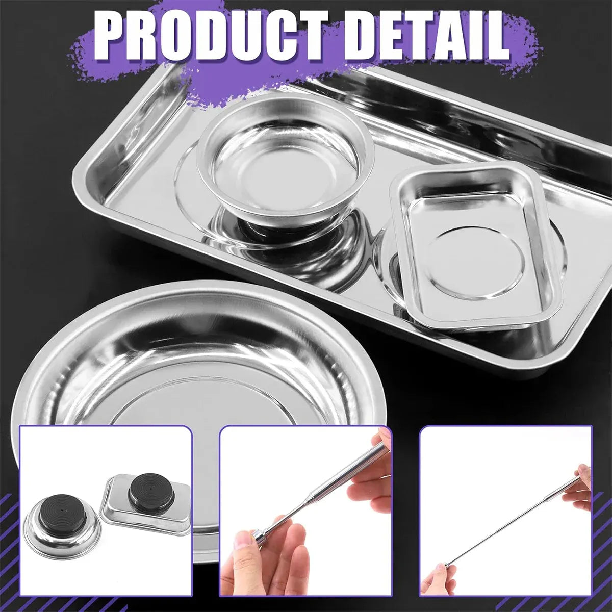 5PCS Stainless Steel Tool Tray Storage Set with Strong Iron-Grip Sturdy for Garage Workshop