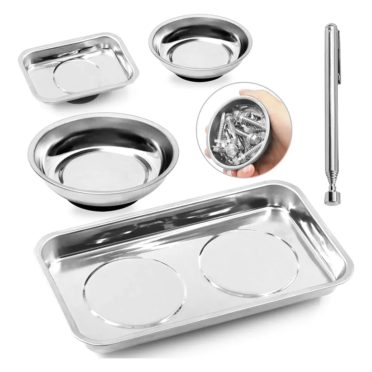 5PCS Stainless Steel Tool Tray Storage Set with Strong Iron-Grip Sturdy for Garage Workshop