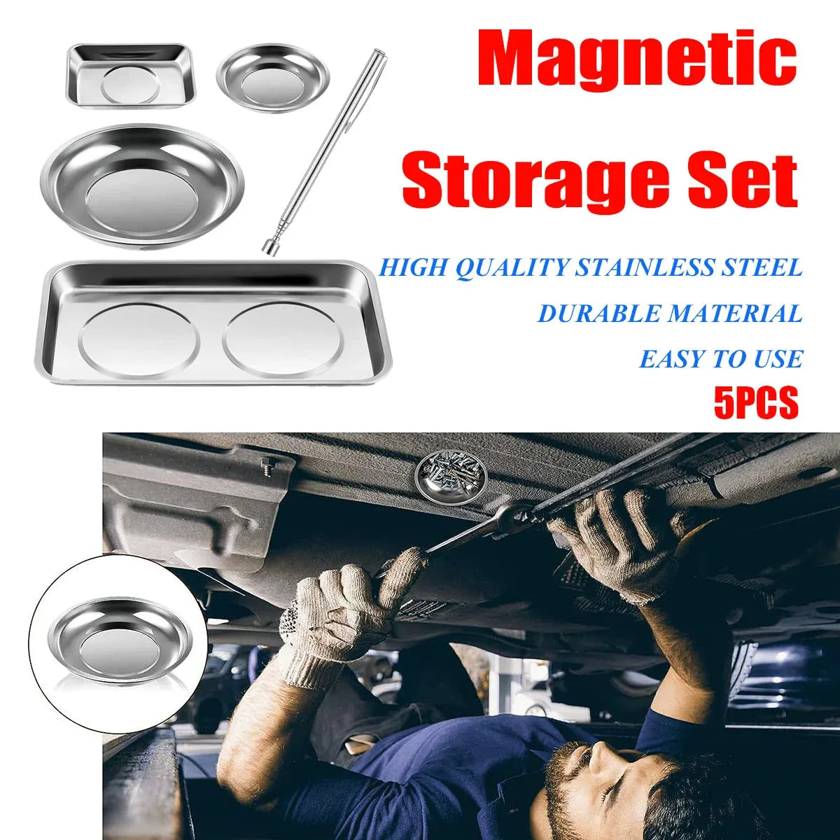 5PCS Stainless Steel Tool Tray Storage Set with Strong Iron-Grip Sturdy for Garage Workshop