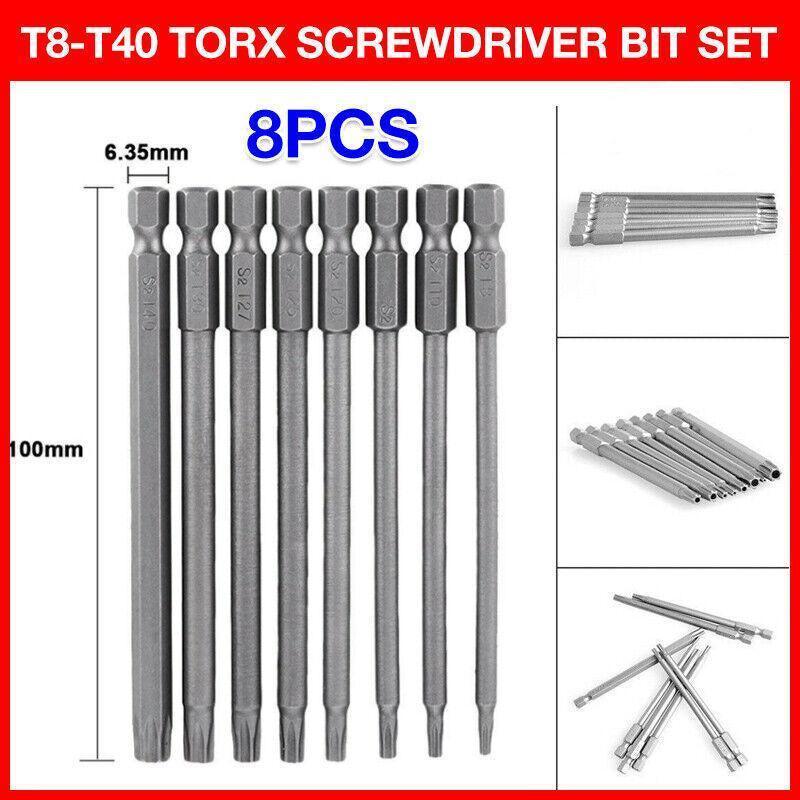 Screwdrivers: 8PCS T8 to T40 Torx Screwdriver Bit Set 100mm S2 Steel Hex Tip Head