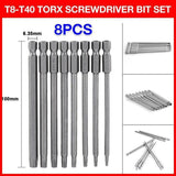 8PCS T8 to T40 Torx Screwdriver Bit Set 100mm S2 Steel Hex Tip Head