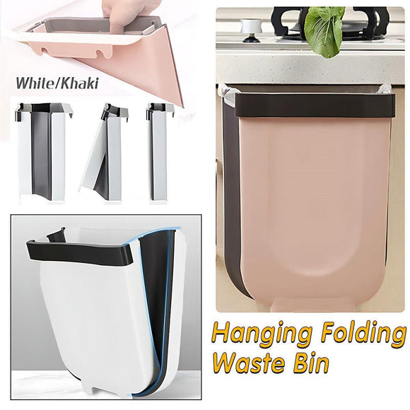 9L Hanging  Bin Wall Mounted Folding Waste Bin Kitchen Dining Cabinet Trash Can - Khaki