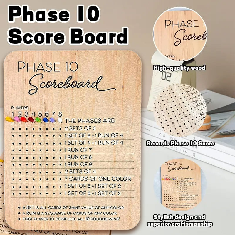 Board Games: Phase 10 Score Board Wooden Phase 10 Scorecard Reusable for Family Game Tabletop