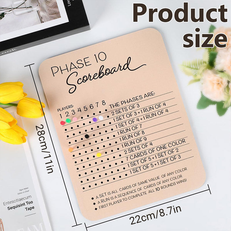 Board Games: Phase 10 Score Board Wooden Phase 10 Scorecard Reusable for Family Game Tabletop