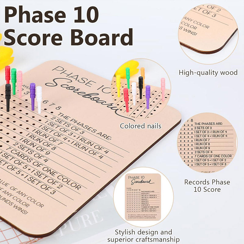 Board Games: Phase 10 Score Board Wooden Phase 10 Scorecard Reusable for Family Game Tabletop