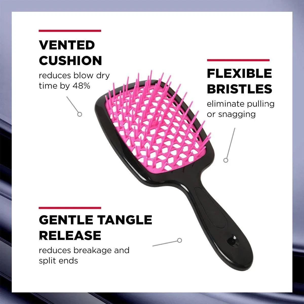 Detangling Hair Brush Hollow Vented Cushion Black and Rose Red, 1 Piece