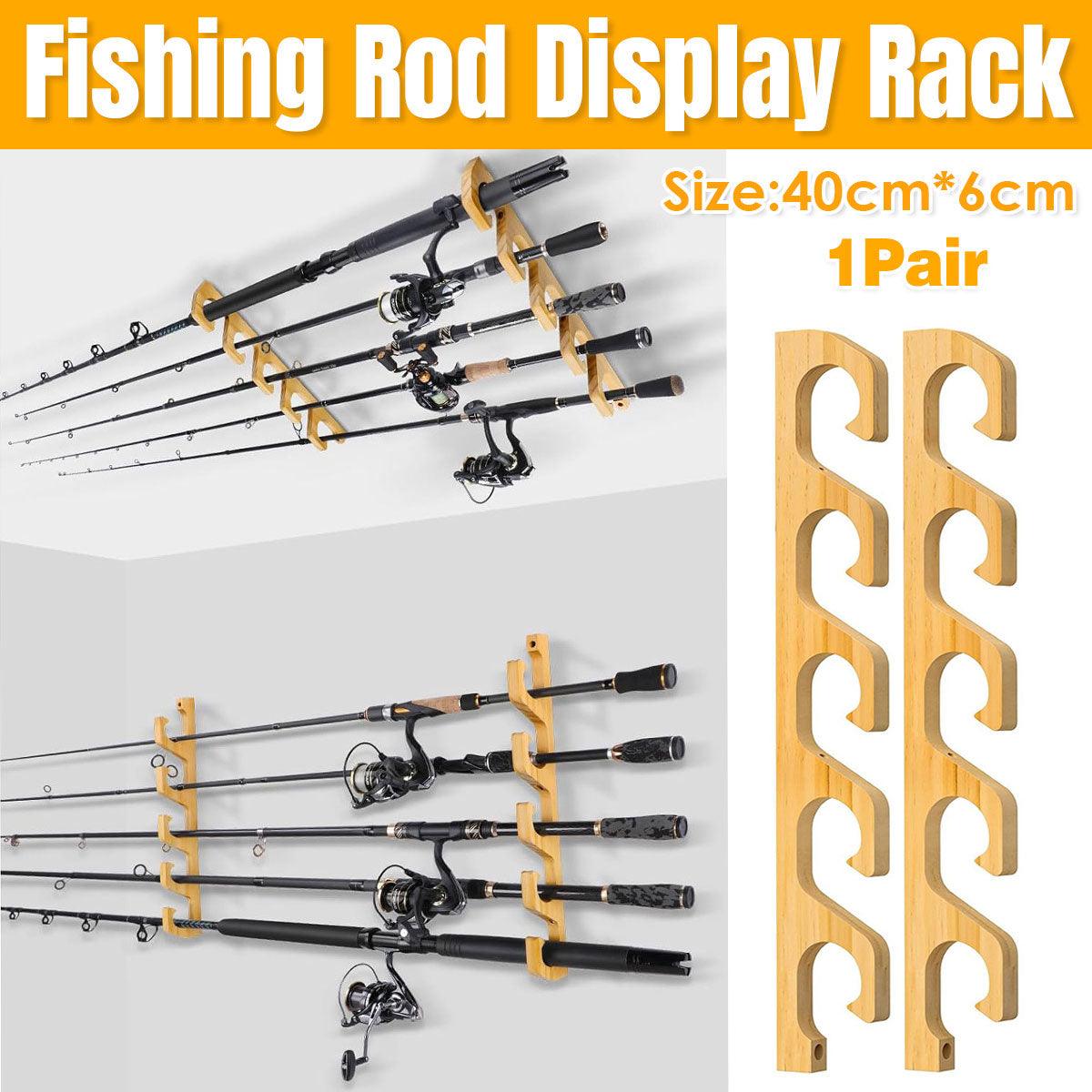 Fishing Tackle: 1Pair Bamboo Fishing Rod Holder Wall Mounted Wooden Storage Rack Stand Organizer