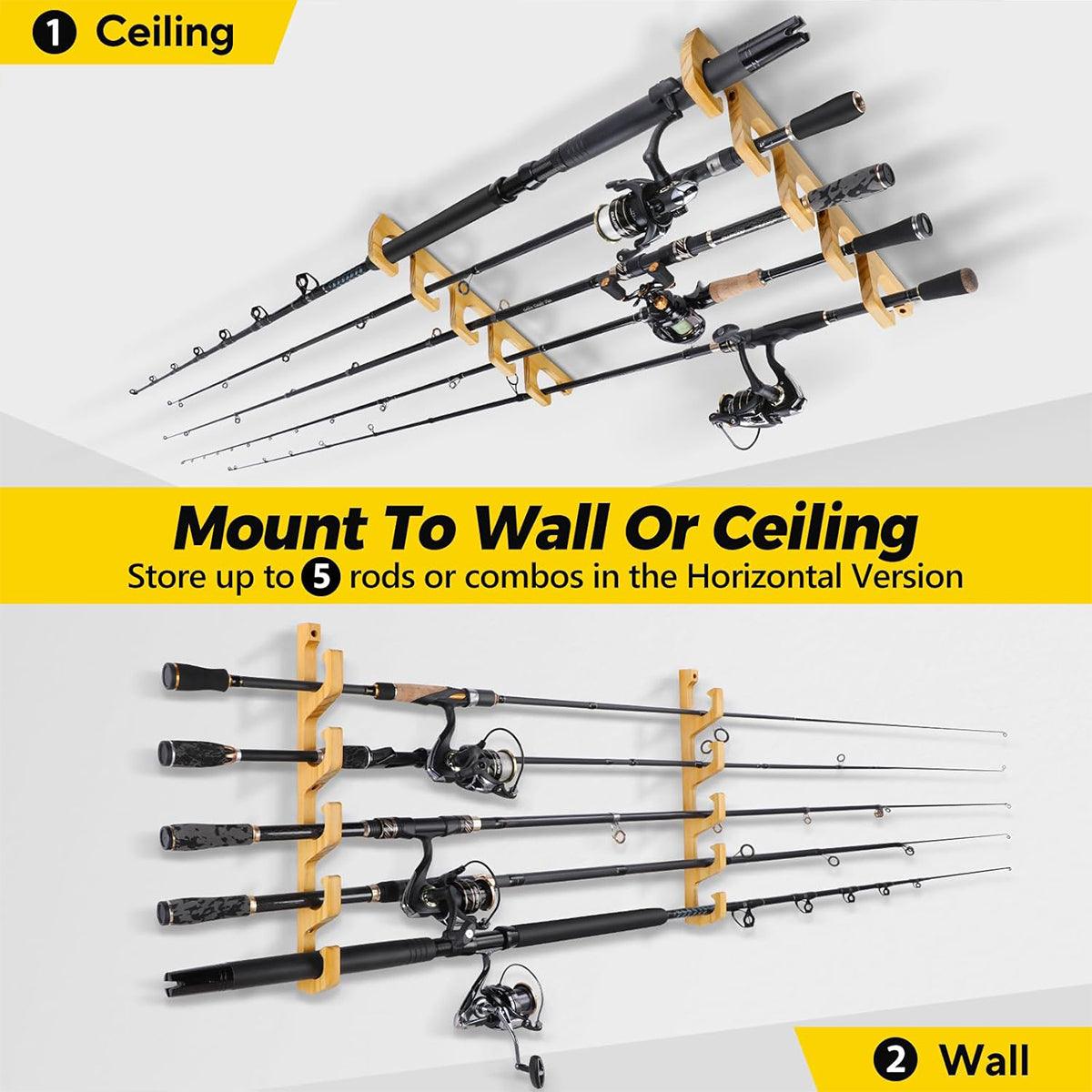 Fishing Tackle: 1Pair Bamboo Fishing Rod Holder Wall Mounted Wooden Storage Rack Stand Organizer