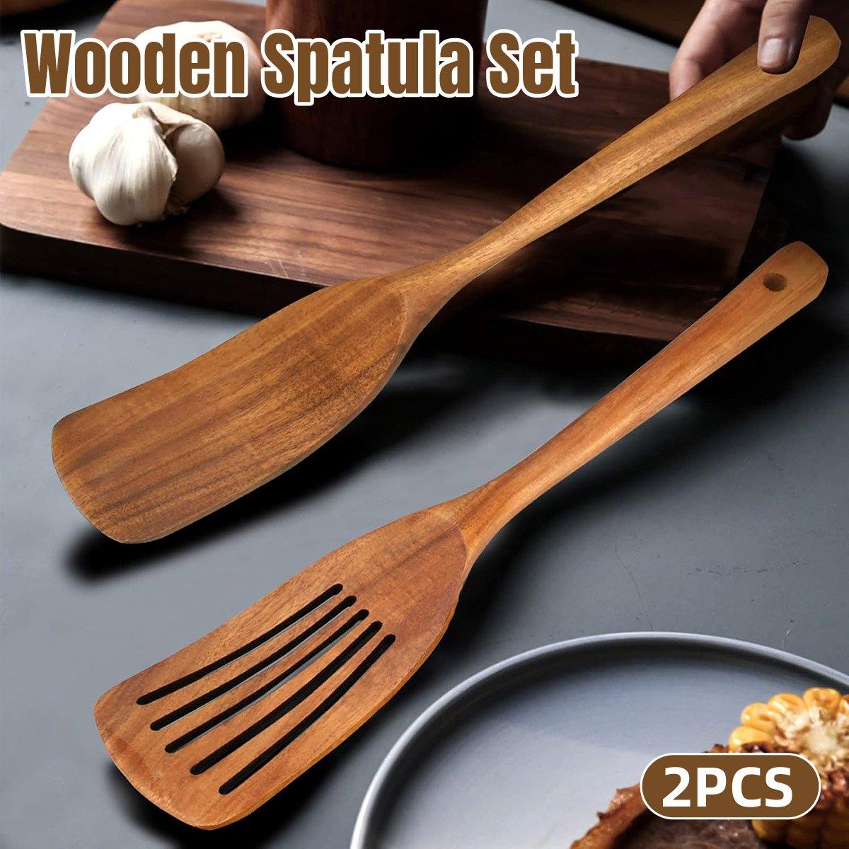 Kitchen Utensils: 2pcs Wooden Frying Spatula Long Handle Stir Fry Spatula Kitchen Cooking Utensils