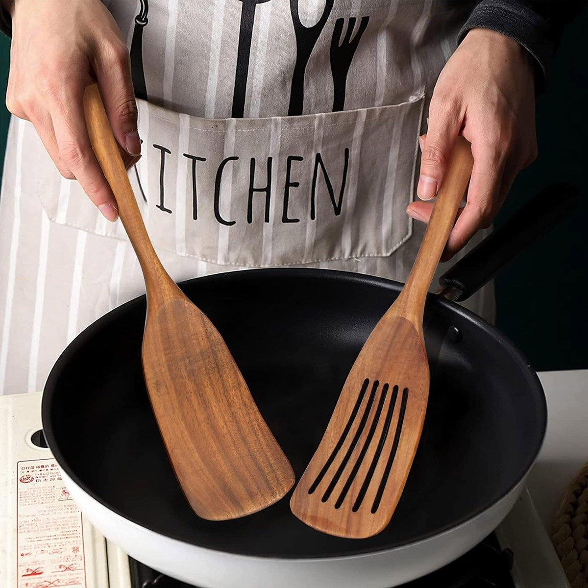 Kitchen Utensils: 2pcs Wooden Frying Spatula Long Handle Stir Fry Spatula Kitchen Cooking Utensils