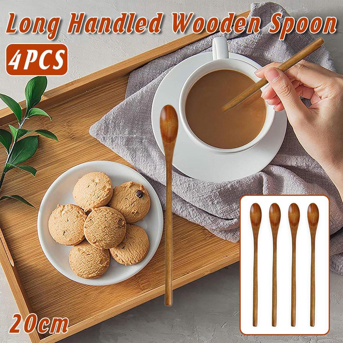 Kitchen Utensils: 4PCS 20CM Japanese Wooden Long Handle Stirring Spoon Small Honey Spoon Tableware