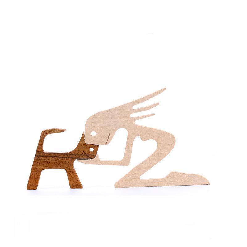 Handmade Wooden Statue Sitting Family and Dog Craft Home Decor - B05