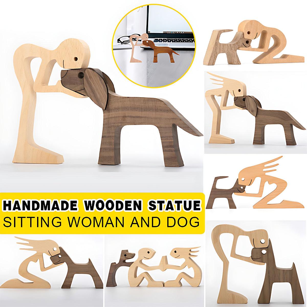 Vases & Table Decor: Handmade Wooden Statue Sitting Family and Dog Craft Home Decor - B04