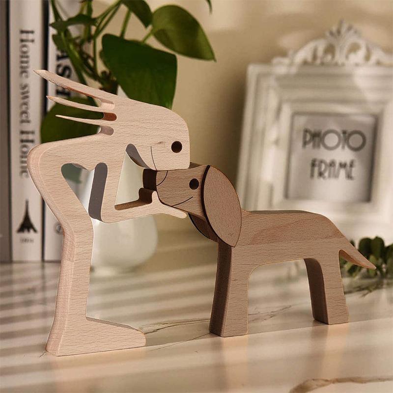 Vases & Table Decor: Handmade Wooden Statue Sitting Family and Dog Craft Home Decor - B02