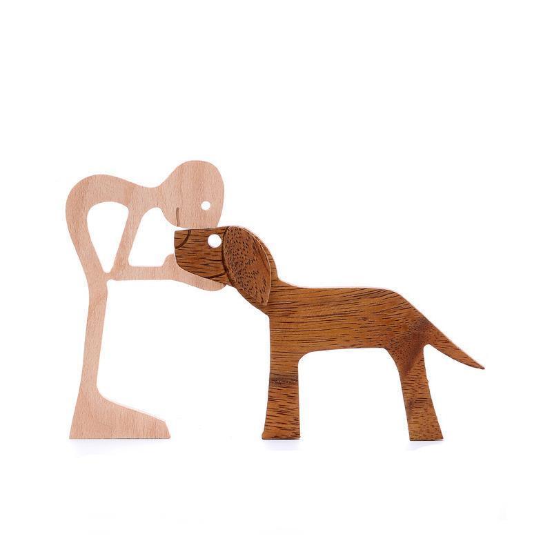 Vases & Table Decor: Handmade Wooden Statue Sitting Family and Dog Craft Home Decor - B02