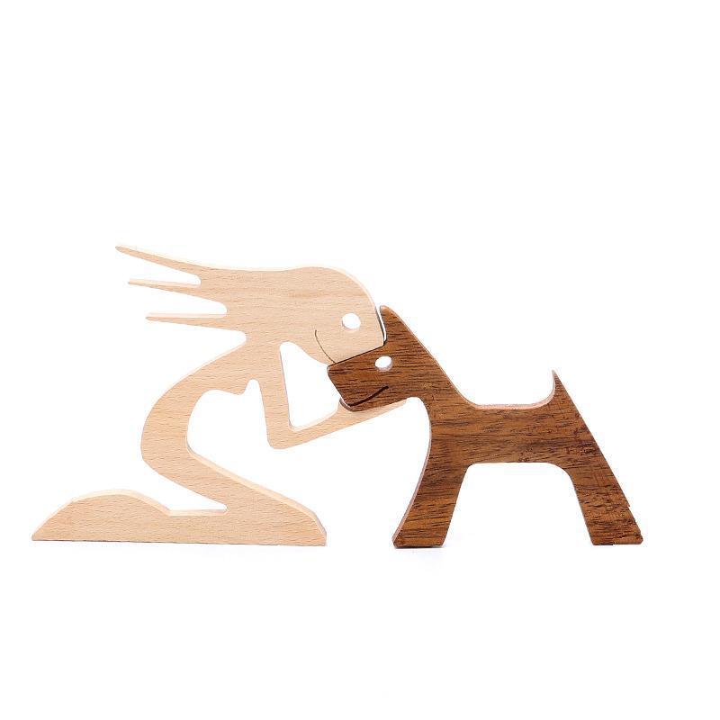 Vases & Table Decor: Handmade Wooden Statue Sitting Family and Dog Craft Home Decor - B02