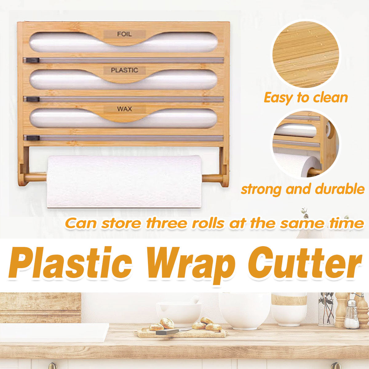 Food Storage: Wall Mounted Plastic Wrap Cutter Bamboo Multi Cell Kitchen Storage Box Organizer