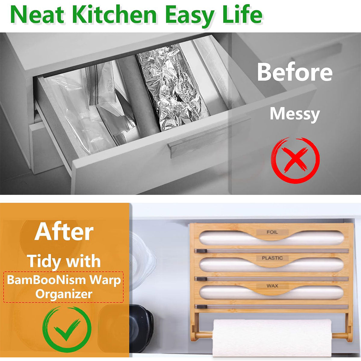 Food Storage: Wall Mounted Plastic Wrap Cutter Bamboo Multi Cell Kitchen Storage Box Organizer
