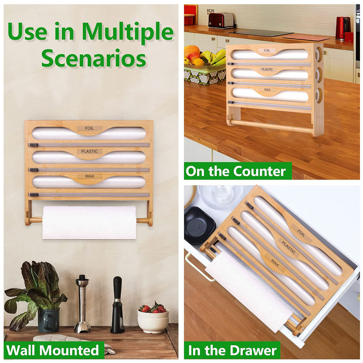 Food Storage: Wall Mounted Plastic Wrap Cutter Bamboo Multi Cell Kitchen Storage Box Organizer