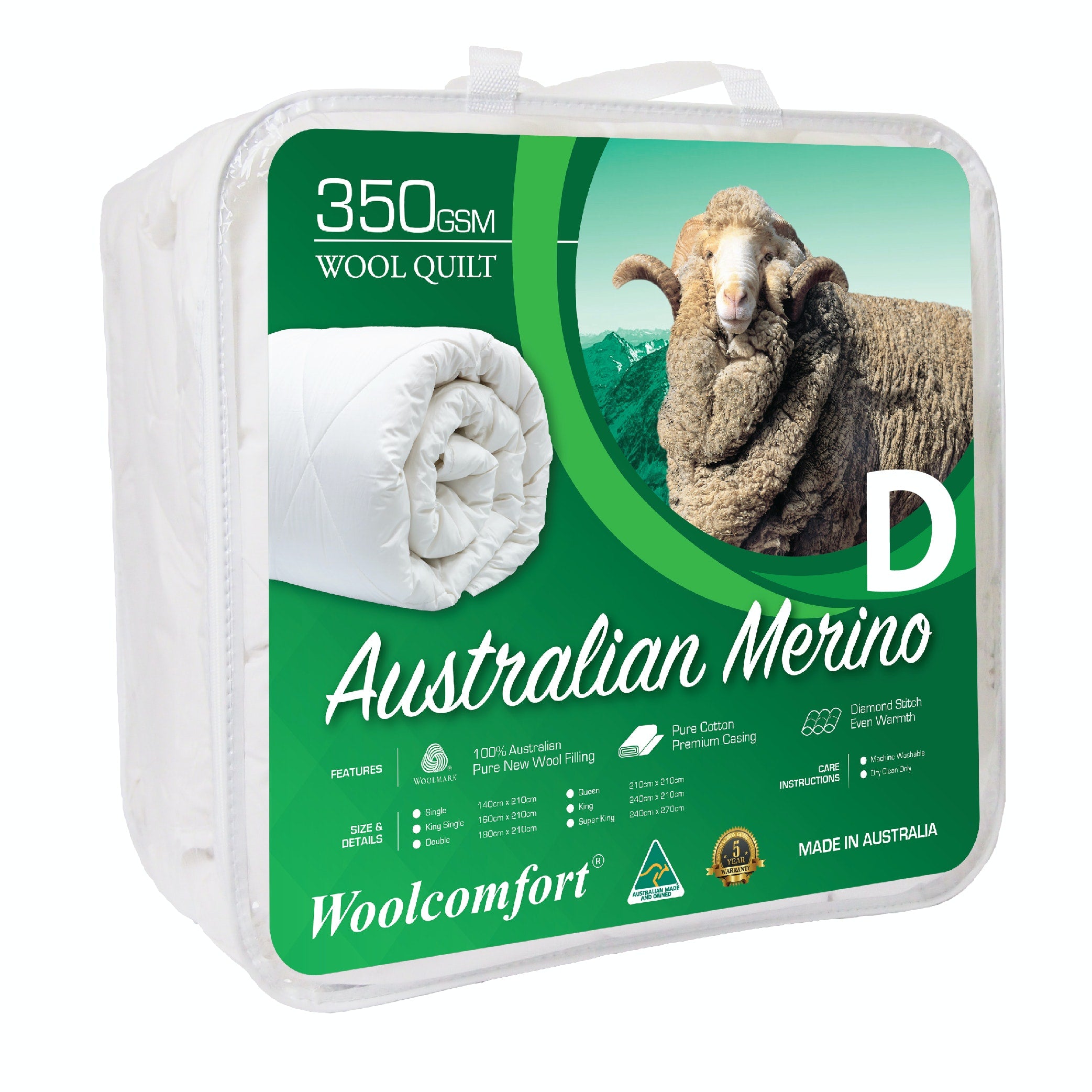 Quilts & Duvets: Woolcomfort Aus Made Merino Wool Quilt 350GSM 180x210cm Double Size