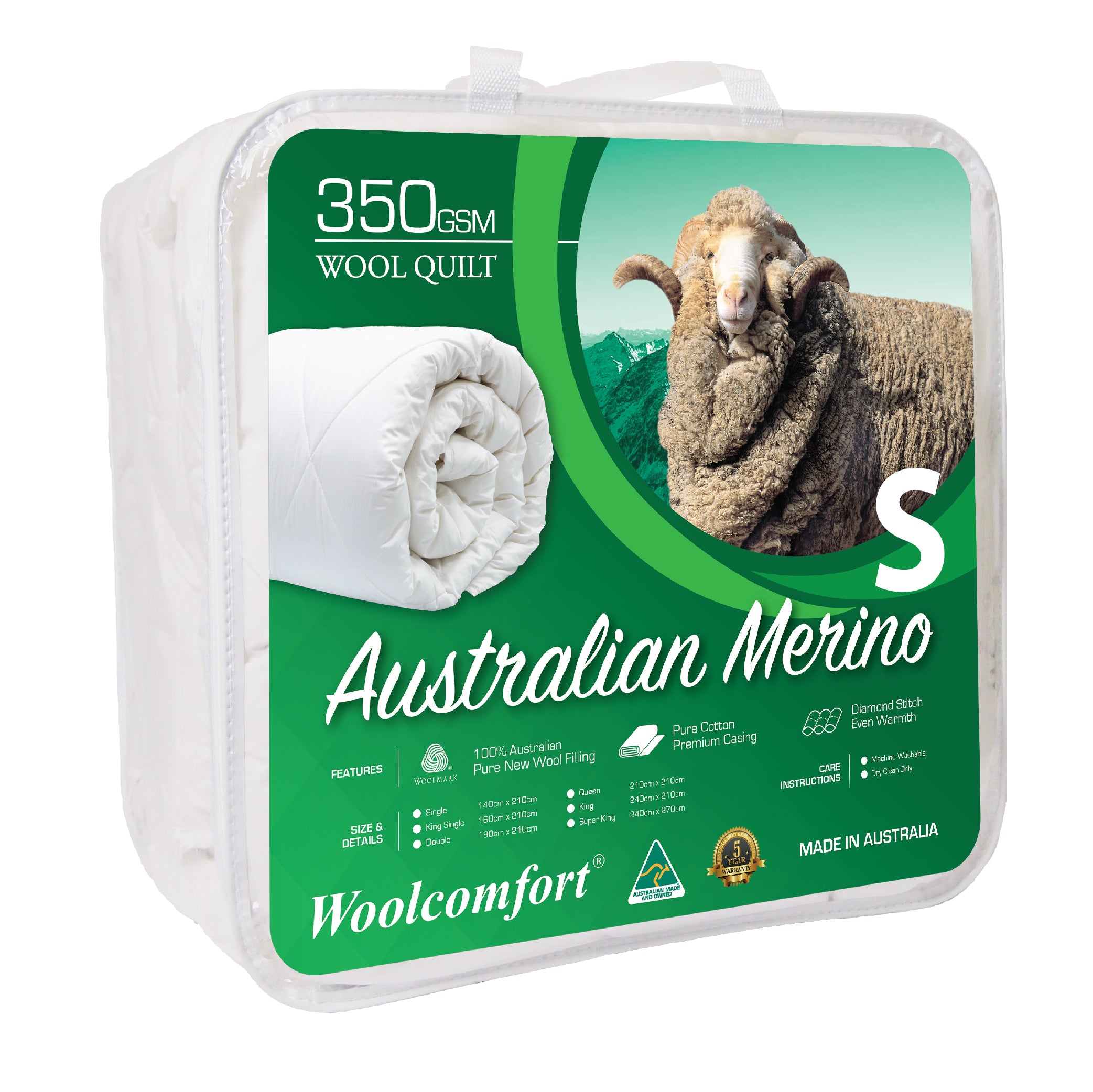Quilts & Duvets: Woolcomfort Aus Made Merino Wool Quilt 350GSM 140x210cm Single Size