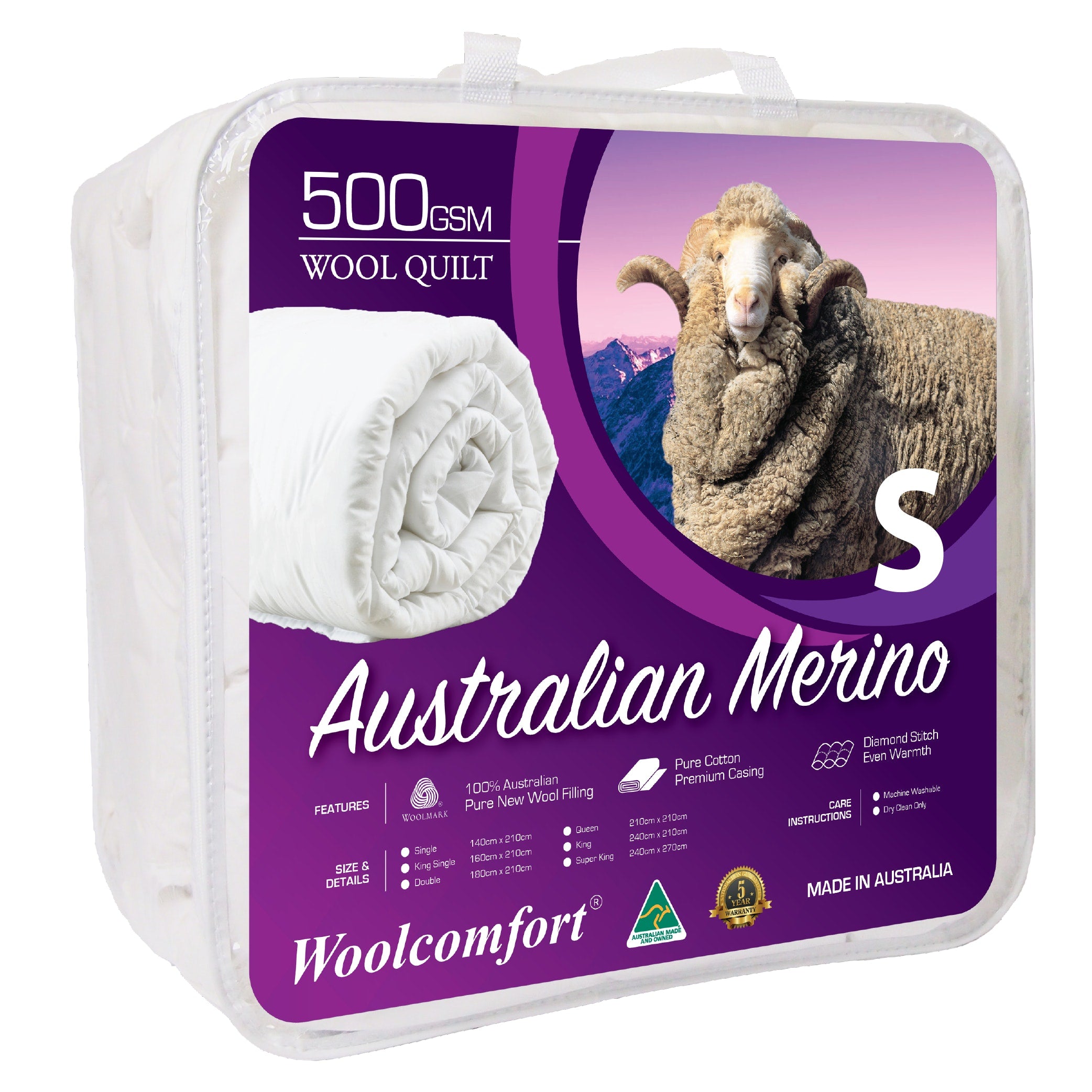 Quilts & Duvets: Woolcomfort Aus Made Merino Wool Quilt 500GSM 140x210cm Single Size