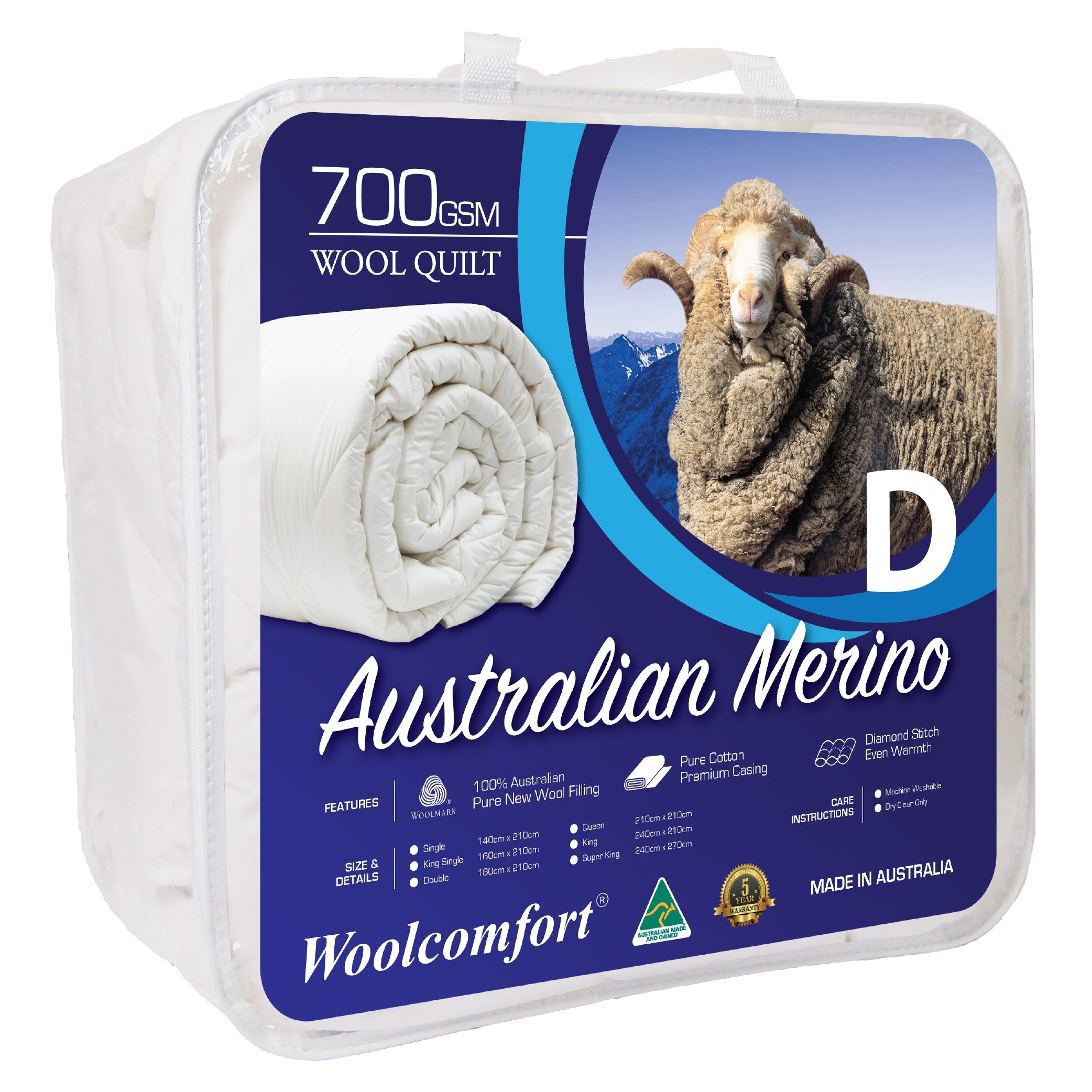 Quilts & Duvets: Woolcomfort Aus Made Merino Wool Quilt 700GSM 180x210cm Double Size