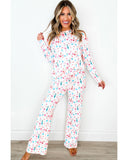 White Christmas Pattern Long Sleeve Top and Wide Leg Pants Set - M