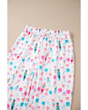 White Christmas Pattern Long Sleeve Top and Wide Leg Pants Set - M