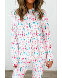 White Christmas Pattern Long Sleeve Top and Wide Leg Pants Set - M