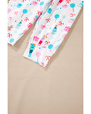 White Christmas Pattern Long Sleeve Top and Wide Leg Pants Set - M